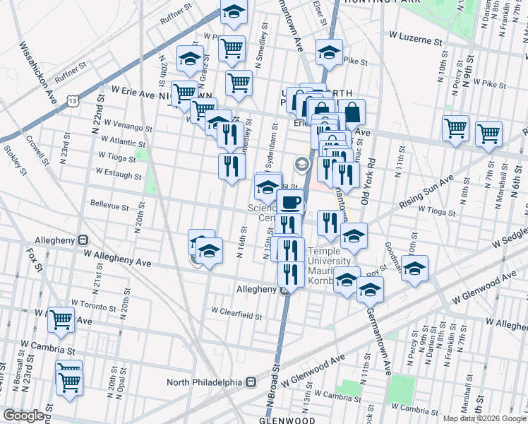 map of restaurants, bars, coffee shops, grocery stores, and more near 3401 North Sydenham Street in Philadelphia