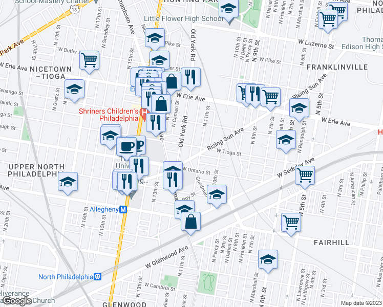 map of restaurants, bars, coffee shops, grocery stores, and more near 1109 Rising Sun Avenue in Philadelphia