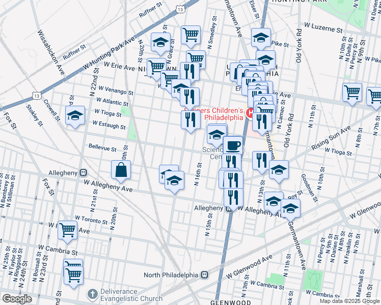 map of restaurants, bars, coffee shops, grocery stores, and more near 1614 West Ontario Street in Philadelphia