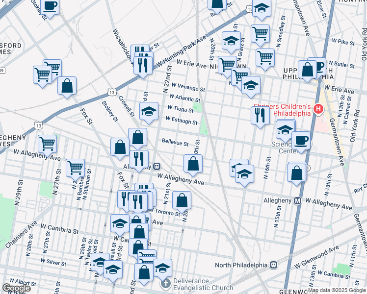 map of restaurants, bars, coffee shops, grocery stores, and more near 2032 Bellevue Street in Philadelphia