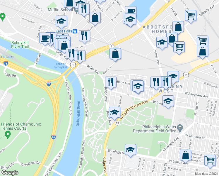 map of restaurants, bars, coffee shops, grocery stores, and more near 3901 Ridge Avenue in Philadelphia