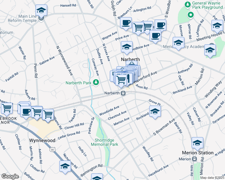 map of restaurants, bars, coffee shops, grocery stores, and more near 100 North Essex Avenue in Narberth