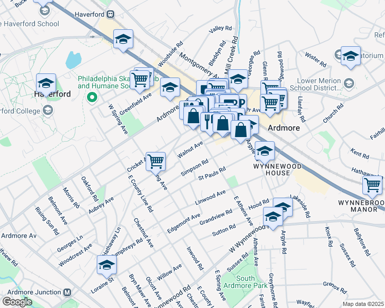 map of restaurants, bars, coffee shops, grocery stores, and more near 110 Simpson Road in Ardmore