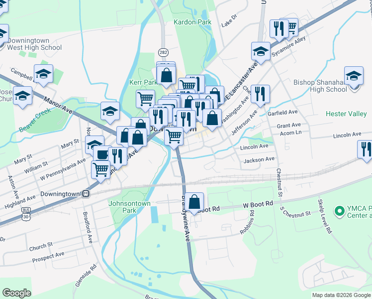 map of restaurants, bars, coffee shops, grocery stores, and more near 121 Jefferson Avenue in Downingtown