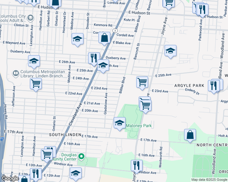map of restaurants, bars, coffee shops, grocery stores, and more near 1449 East 23rd Avenue in Columbus