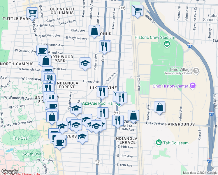 map of restaurants, bars, coffee shops, grocery stores, and more near 2086 Iuka Avenue in Columbus