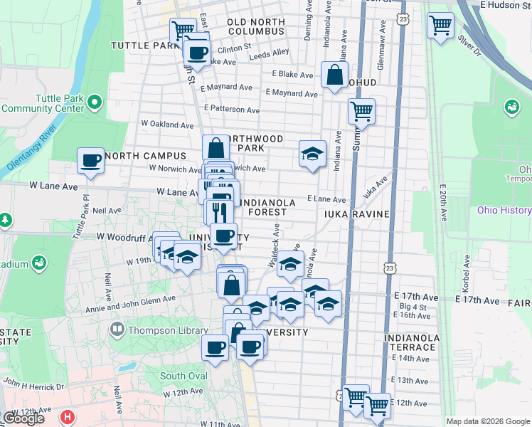 map of restaurants, bars, coffee shops, grocery stores, and more near in Columbus