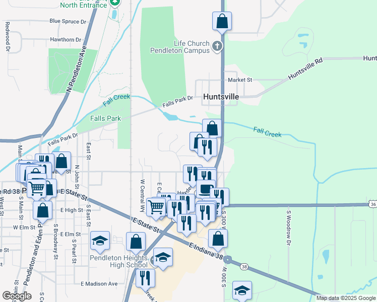 map of restaurants, bars, coffee shops, grocery stores, and more near 9 1 Plaza in Pendleton
