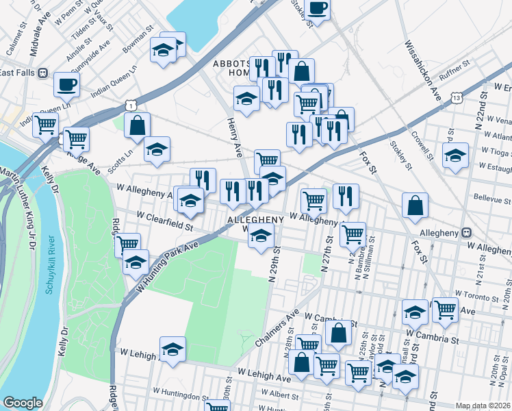 map of restaurants, bars, coffee shops, grocery stores, and more near 1600 Henry Ave in Philadelphia