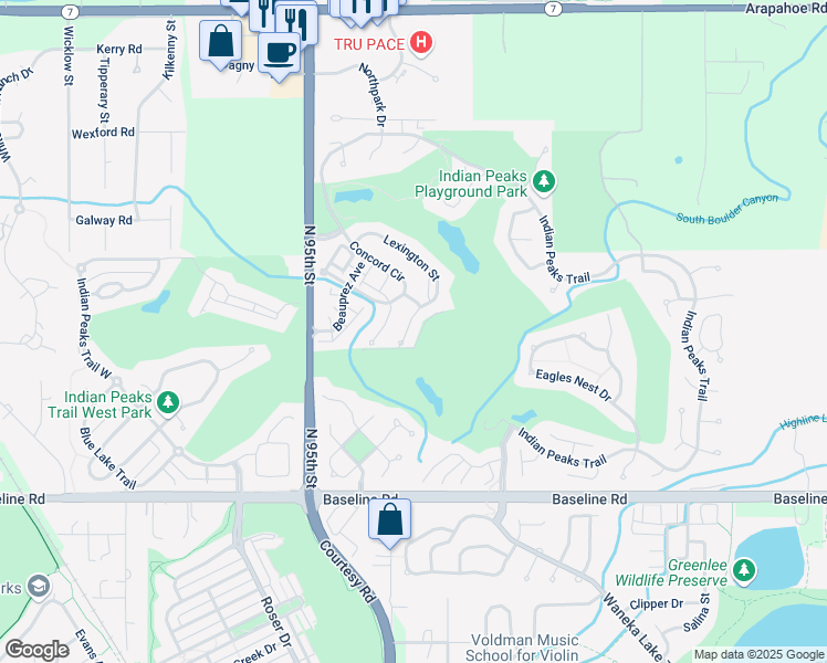 map of restaurants, bars, coffee shops, grocery stores, and more near 2440 Lexington Street in Lafayette