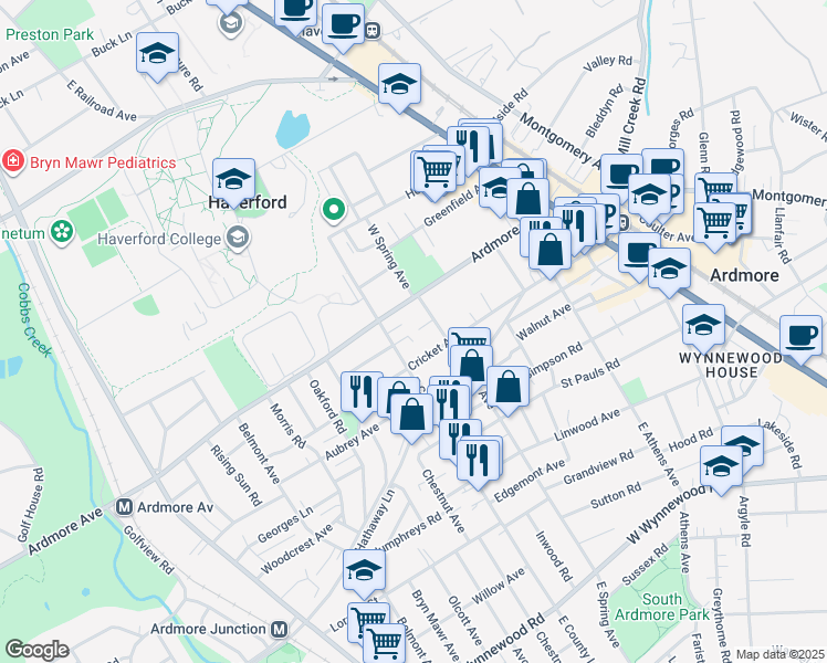 map of restaurants, bars, coffee shops, grocery stores, and more near 216 Maple Terrace in Ardmore