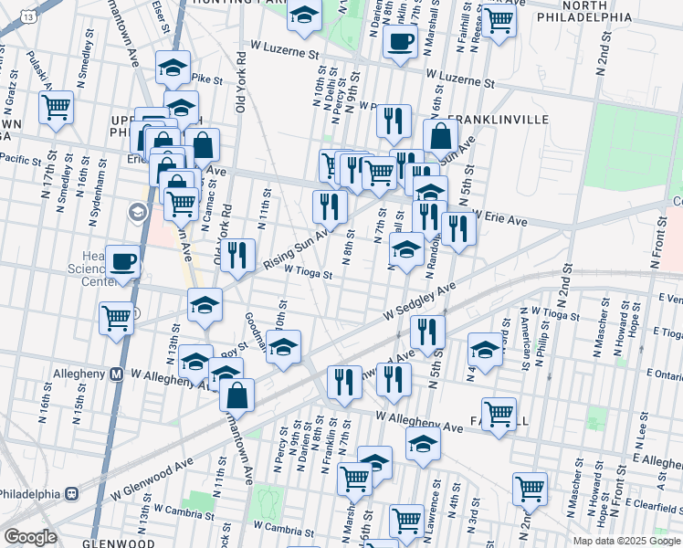 map of restaurants, bars, coffee shops, grocery stores, and more near 801 West Tioga Street in Philadelphia