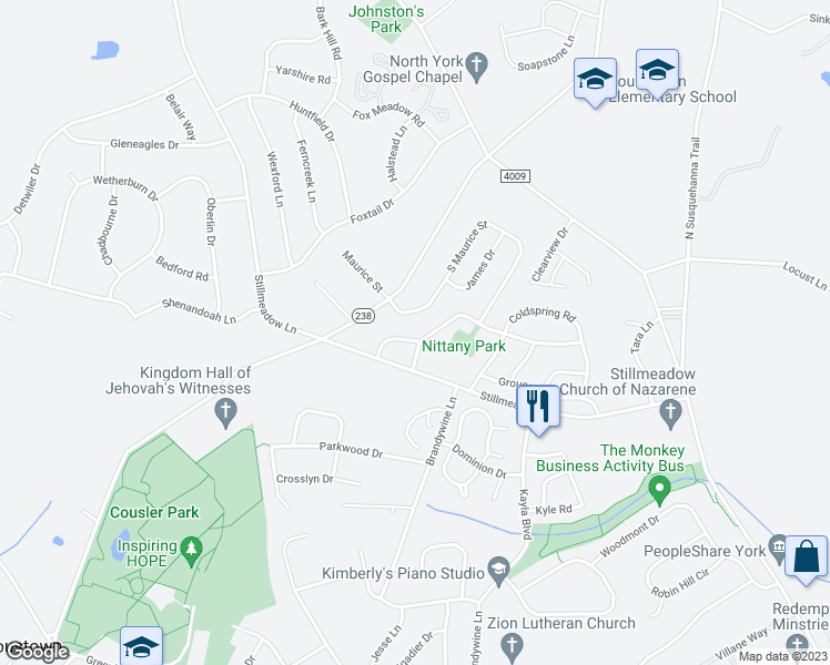 map of restaurants, bars, coffee shops, grocery stores, and more near 705 Penn State Drive in York