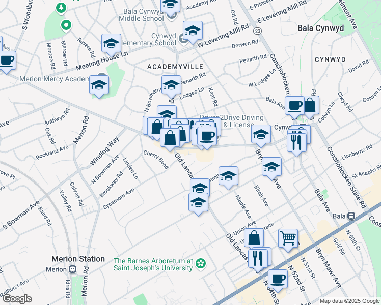 map of restaurants, bars, coffee shops, grocery stores, and more near 152 Montgomery Avenue in Bala Cynwyd