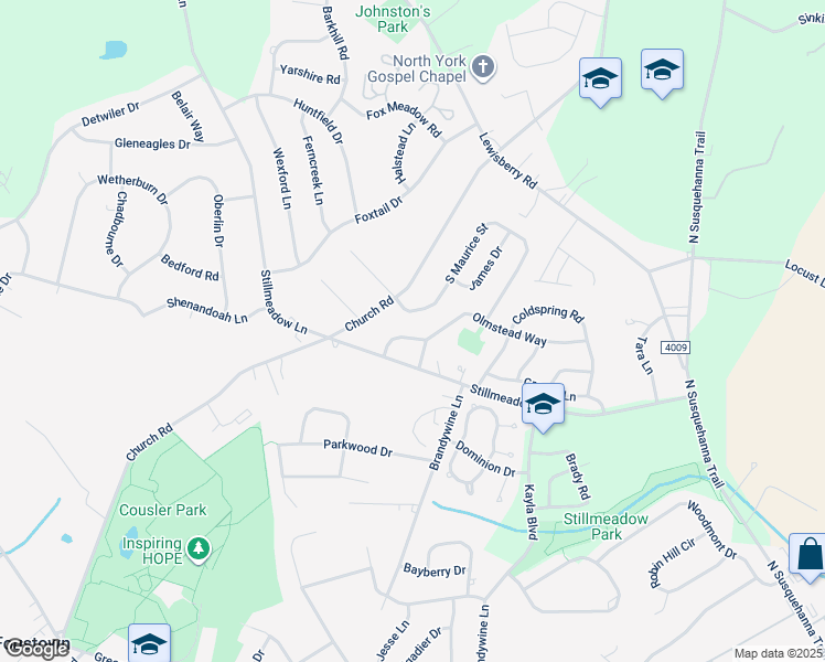map of restaurants, bars, coffee shops, grocery stores, and more near 715 Penn State Drive in York