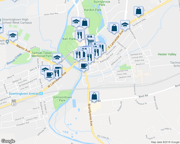 map of restaurants, bars, coffee shops, grocery stores, and more near 121 Jefferson Avenue in Downingtown