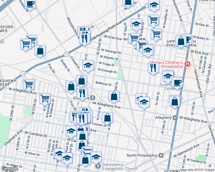 map of restaurants, bars, coffee shops, grocery stores, and more near 2038 Bellevue Street in Philadelphia