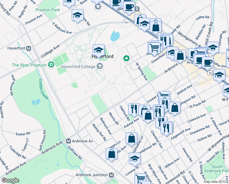 map of restaurants, bars, coffee shops, grocery stores, and more near 412 Regency Manor in Ardmore
