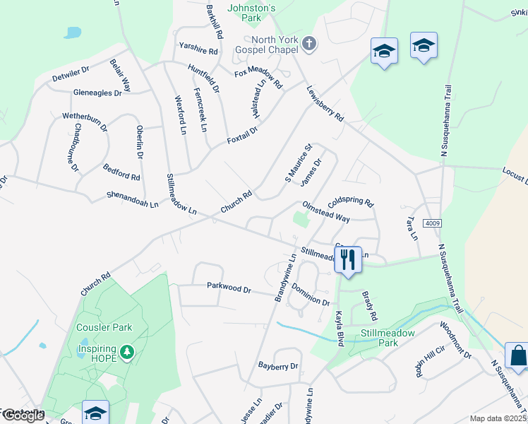 map of restaurants, bars, coffee shops, grocery stores, and more near 715 Penn State Drive in York