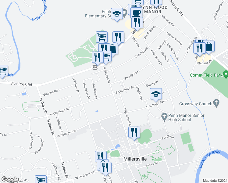 map of restaurants, bars, coffee shops, grocery stores, and more near 404 North George Street in Millersville