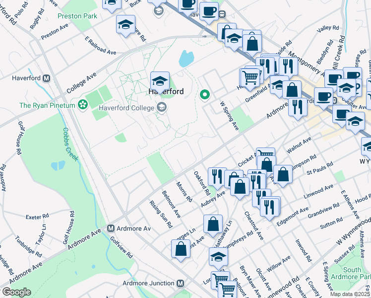 map of restaurants, bars, coffee shops, grocery stores, and more near 412 Regency Manor in Ardmore
