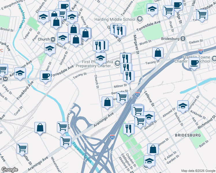 map of restaurants, bars, coffee shops, grocery stores, and more near 4338 Milnor Street in Philadelphia