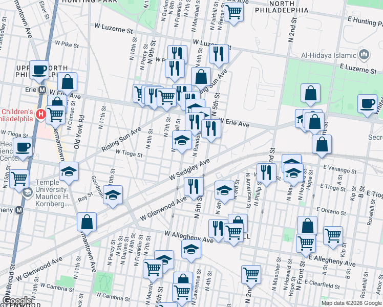 map of restaurants, bars, coffee shops, grocery stores, and more near 3519 North Randolph Street in Philadelphia