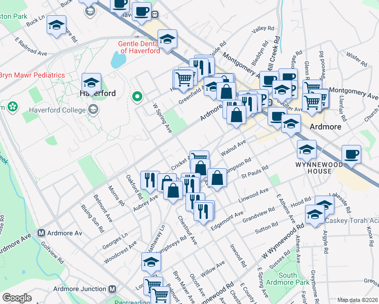 map of restaurants, bars, coffee shops, grocery stores, and more near 1 West Spring Avenue in Ardmore