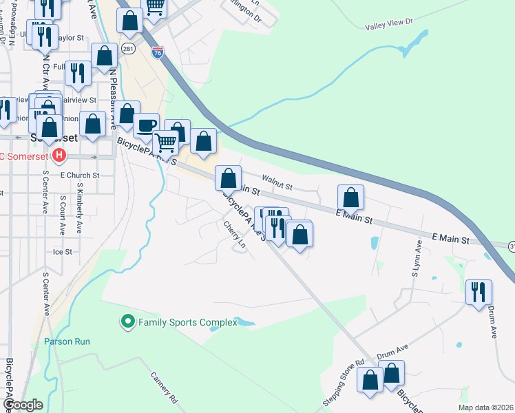 map of restaurants, bars, coffee shops, grocery stores, and more near 139 Oak Street in Somerset