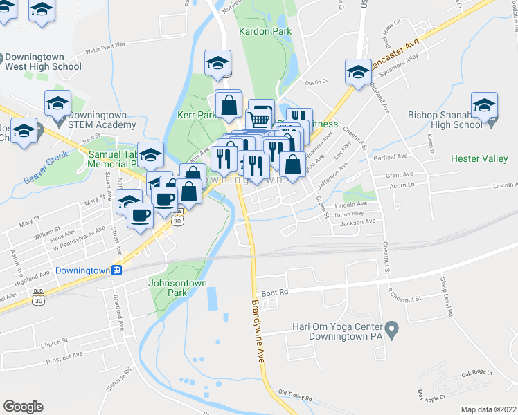 map of restaurants, bars, coffee shops, grocery stores, and more near 125 Jefferson Avenue in Downingtown