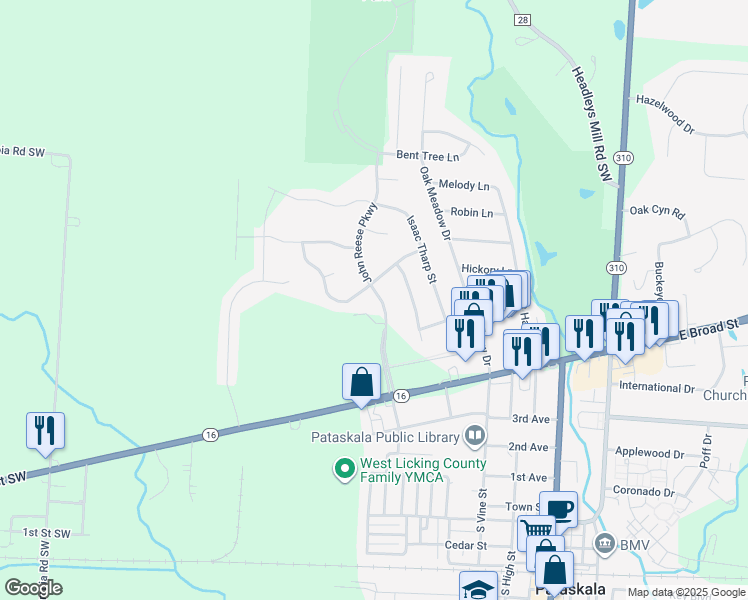 map of restaurants, bars, coffee shops, grocery stores, and more near 215 John Reese Parkway in Pataskala