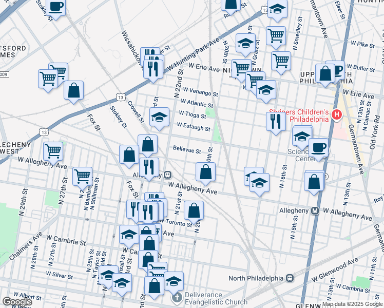 map of restaurants, bars, coffee shops, grocery stores, and more near 2044 Bellevue Street in Philadelphia