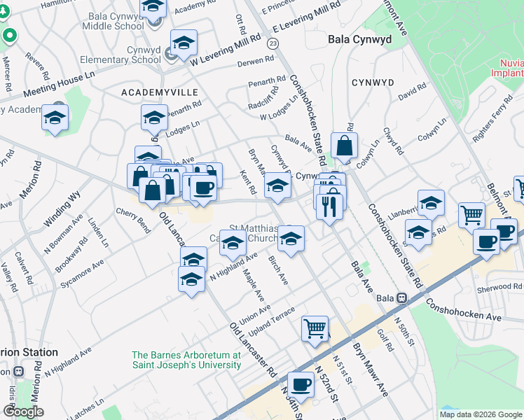 map of restaurants, bars, coffee shops, grocery stores, and more near 111 Summit Lane in Bala Cynwyd
