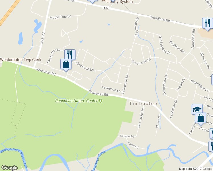 map of restaurants, bars, coffee shops, grocery stores, and more near 18 Lawrence Lane in Westampton