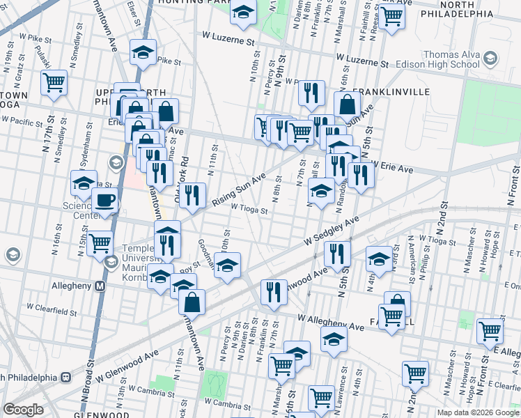 map of restaurants, bars, coffee shops, grocery stores, and more near 801 West Tioga Street in Philadelphia