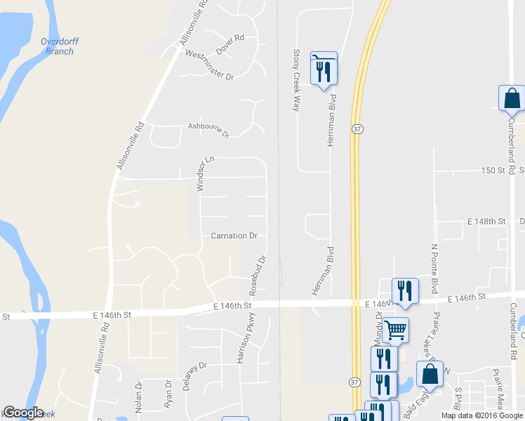map of restaurants, bars, coffee shops, grocery stores, and more near 9044 Daisy Court in Noblesville