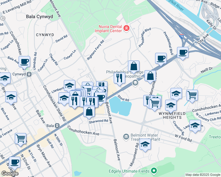 map of restaurants, bars, coffee shops, grocery stores, and more near Belmont Avenue in Bala Cynwyd