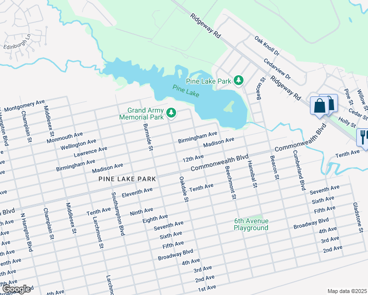 map of restaurants, bars, coffee shops, grocery stores, and more near 1501 Madison Avenue in Toms River