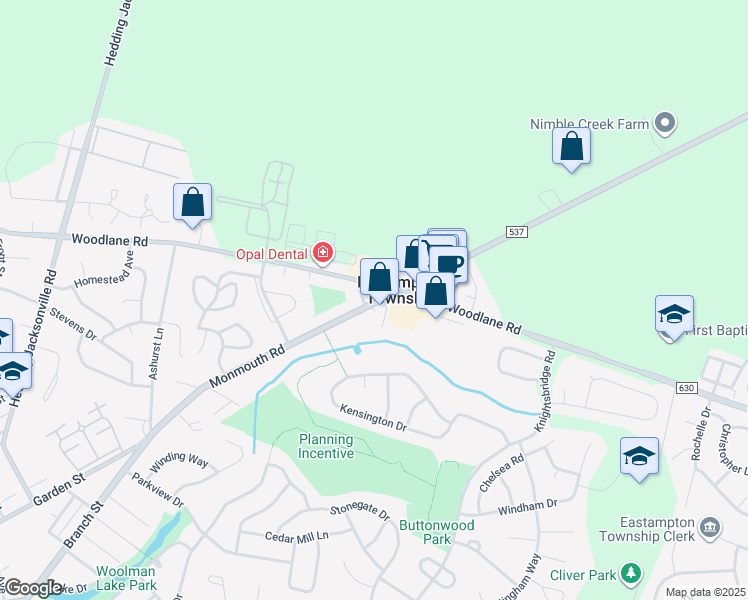map of restaurants, bars, coffee shops, grocery stores, and more near 1203 Monmouth Road in Eastampton Township