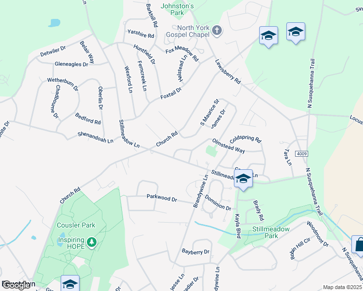 map of restaurants, bars, coffee shops, grocery stores, and more near 725 Penn State Dr in York