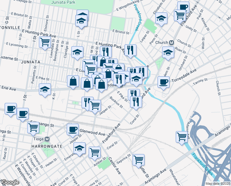 map of restaurants, bars, coffee shops, grocery stores, and more near 3875 Kensington Avenue in Philadelphia