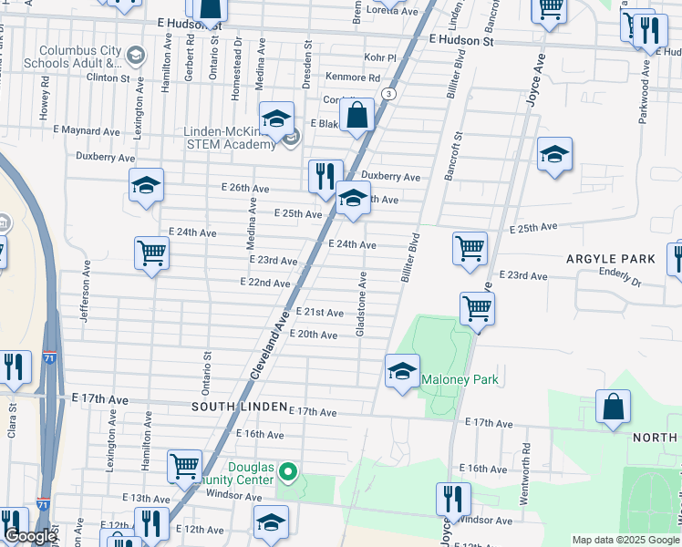 map of restaurants, bars, coffee shops, grocery stores, and more near 1401 E 23rd Ave in Columbus