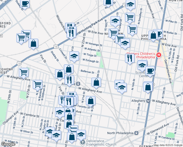 map of restaurants, bars, coffee shops, grocery stores, and more near 2032 Bellevue Street in Philadelphia