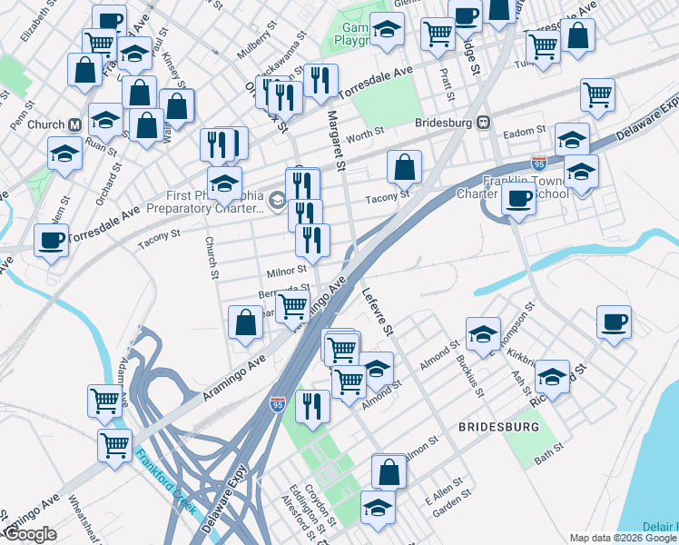 map of restaurants, bars, coffee shops, grocery stores, and more near 4632 Bermuda Street in Philadelphia