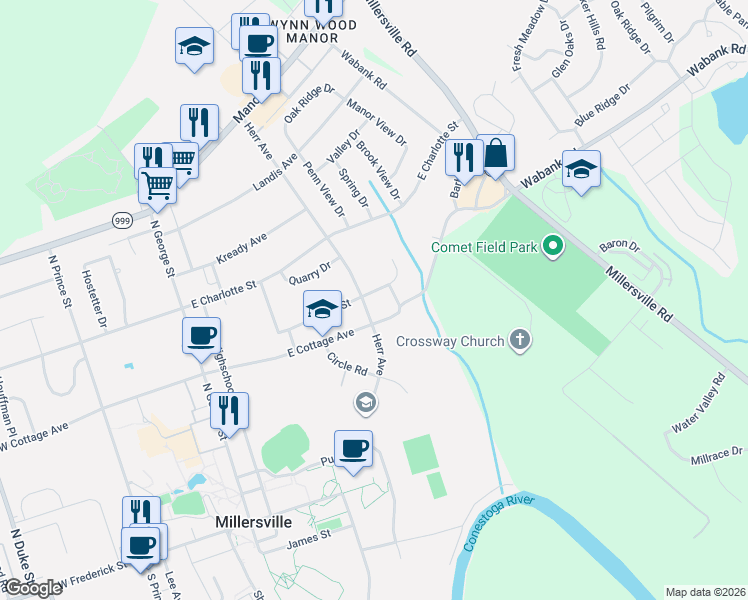 map of restaurants, bars, coffee shops, grocery stores, and more near 223 East Cottage Avenue in Millersville