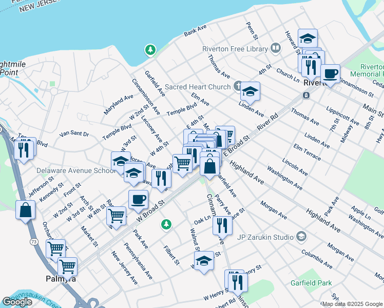 map of restaurants, bars, coffee shops, grocery stores, and more near 506 Cinnaminson Avenue in Palmyra