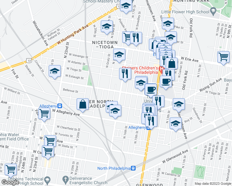 map of restaurants, bars, coffee shops, grocery stores, and more near 1706 West Ontario Street in Philadelphia