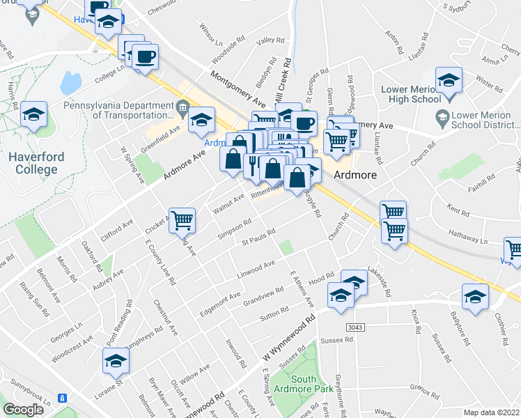 map of restaurants, bars, coffee shops, grocery stores, and more near 41 East Athens Avenue in Ardmore