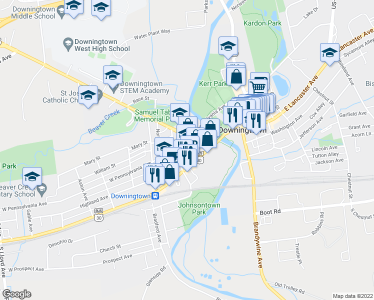 map of restaurants, bars, coffee shops, grocery stores, and more near 40 West Pennsylvania Avenue in Downingtown