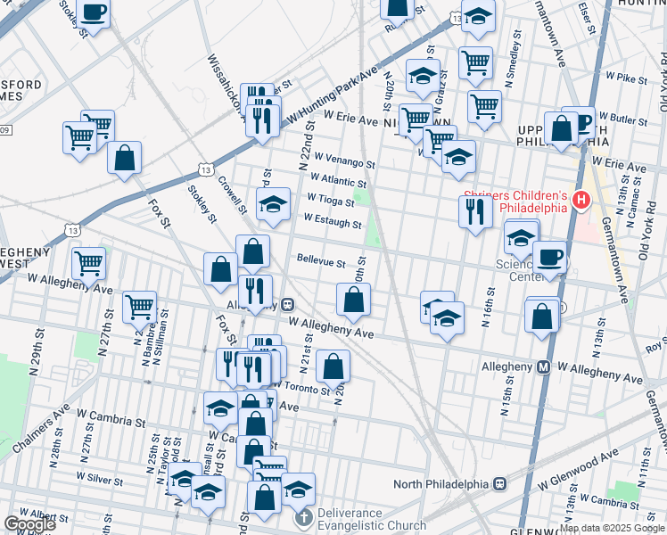 map of restaurants, bars, coffee shops, grocery stores, and more near 2038 Bellevue Street in Philadelphia